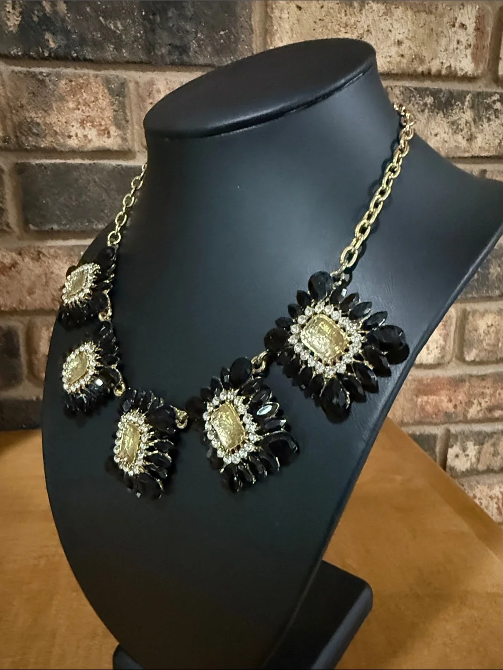 Black and Clear rhinestone Geometric gold tone Statement Necklace